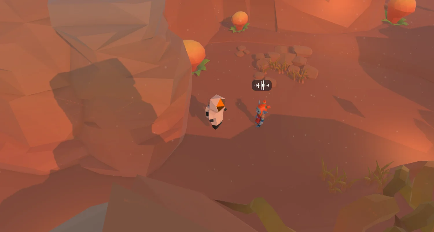 An astronaut meeting an alien inhabitant in a red canyon.
