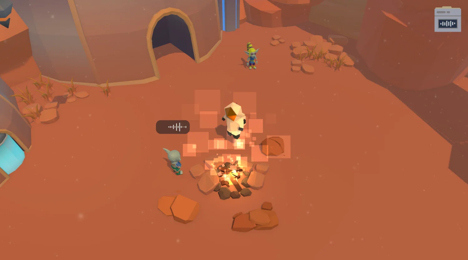 The astronaut approaching a village and campfire among the inhabitants.